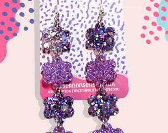 Daisy Drop Glitter Flower Earrings - Festivals, Gifts, Spring Pink, Purple, Silver Flower Earrings, Handmade Hippy Flower Power Earrings