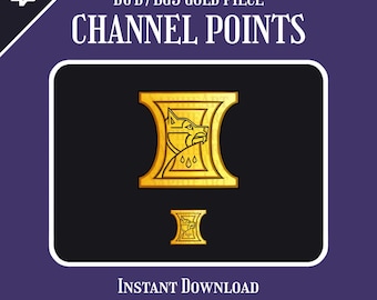 May include: Gold coin with a wolf head and three drops of water design. The coin is for use in Dungeons and Dragons or Baldur's Gate 3. The text "CHANNEL POINTS" is above the coin. The text "INSTANT DOWNLOAD" is below the coin. The text "112x112, 72x72, 56x56, 36x36, 28x28, 18x18" is below the text "INSTANT DOWNLOAD".