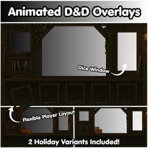 May include: Animated D&D Overlays graphic with a rustic, wooden interior design. Features include a dice window, flexible player layout, and 2 holiday variants. The design incorporates bookshelves, windows, and decorative elements for a fantasy role-playing game.