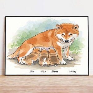 Ritratto di famiglia di Shiba Inu personalizzato ad acquerello, illustrazione personalizzata di animali domestici da foto, regalo commemorativo per animali domestici, ritratti di cani, regalo per il proprietario di animali domestici