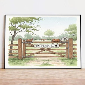 Dipinto di fattoria di cavalli, ritratto di fattoria personalizzato ad acquerello - Paesaggio di ranch personalizzato dalla tua foto, ritratto di paesaggio, regalo di arredamento per la casa