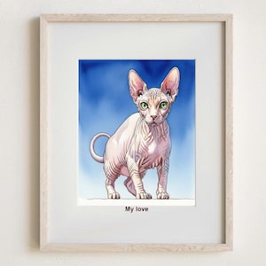 Ritratto di gatto Sphynx personalizzato ad acquerello, regalo per amanti dei gatti, conserva i ricordi del tuo amato animale domestico, regalo d'arte personalizzato con animali, dipinto di animali domestici