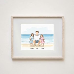 Dipinto ad acquerello di famiglia, ritratto di famiglia, ritratto di spiaggia personalizzato ad acquerello, regalo per papà e figli - Arte di famiglia personalizzata - Ricordo