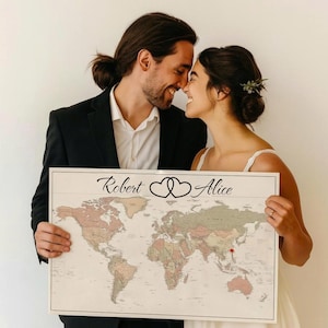 Carte de voyage avec punaises, tons sourds avec épingles, toile de carte de voyage 61 x 91,4 cm ou 61 x 61 cm, carte de suivi de voyage personnalisée pour couples, cadeau d'aventure romantique