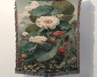 Botanical Woven Throw Blanket, Tropical Flower Tapestry, Jungle Wall Decor, Large Boho Nature Blanket, Cottagecore Forest Gift