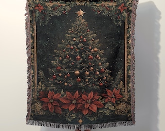 Vintage Christmas Tree Cotton Woven Blanket, Holiday Wall Tapestry, Poinsettia Garland Xmas Throw, Festive Gift Idea, Christmas Tree bed
