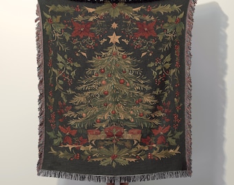 Traditional Christmas Tree Woven Blanket, Vintage Holiday Wall Hanging, Festive Xmas Tapestry, Cozy Living Room Decoration, Winter Gift Idea