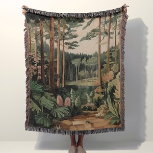 Green Forest Woven Cotton Blanket, Botanical Throw, Forest Theme Aesthetic Decor, Woven Tree Tapestry Blanket, Nature Inspired Gift Throw