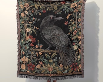 Crow Woven Blanket, Dark Cottagecore Raven Tapestry Wall Hanging, Halloween Gothic Spooky Decor Gift, Crow Witchy Cotton Blanket