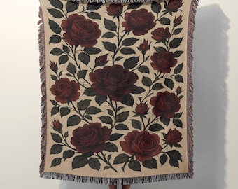 Vintage Botanical Rose Woven Cotton Blanket, Gothic Floral Tapestry Throw, Cottagecore Home Decor, Dark Academia Aesthetic, Gift for Her