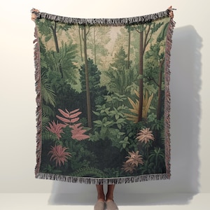 Magical Forest Woven Blanket, Dark Botanical Throw, Cozy Cottagecore Decor, Moody Green Woodland Tapestry Blanket, Gift for Nature Lovers