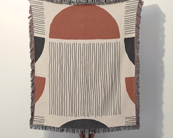 Terracotta Japandi Woven Blanket, Modern Couch Throw, Abstract Mid Century Tapestry Blanket, Scandinavian Sofa Decor, Boho Gift for Her