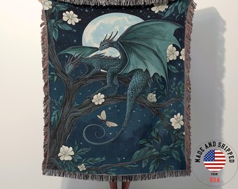 Blue Dragon Moon Woven Cotton Blanket, Cozy Couple Gothic Throw, Fantasy Reader Gift, DnD Room Decor,Dark Romance Throw,Cottagecore Tapestry