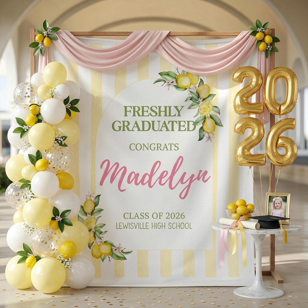 Lemon Grad Backdrop Freshly Graduated Banner, Custom Lemon Theme Party Decor Backdrop ...
