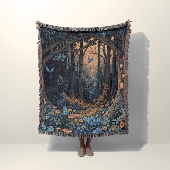 Enchanted Forest Woven Cotton Blanket, Fantasy Throw Blanket, Cottagecore Home Decor, Fairycore Wall Tapestry Blanket, Nature Aesthetic Gift