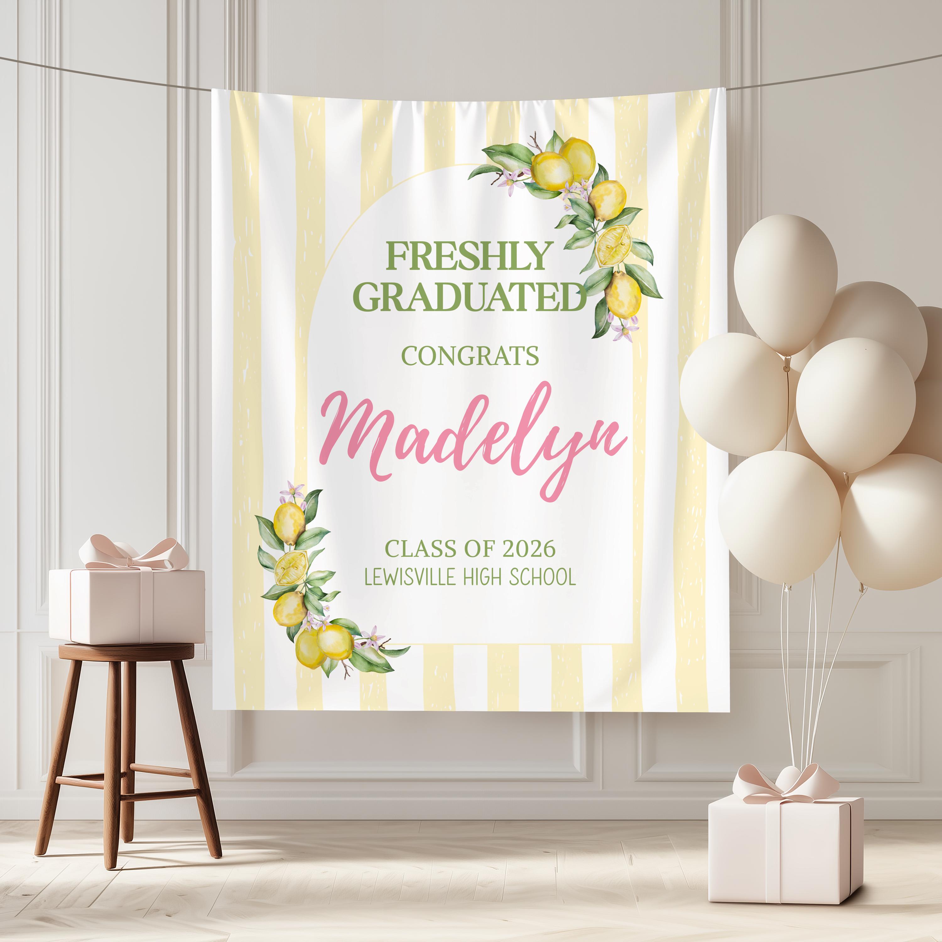 Lemon Grad Backdrop Freshly Graduated Banner, Custom Lemon Theme Party Decor Backdrop ...