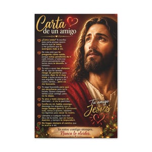 Op de afbeelding: Een religieuze poster met een portret van Jezus met lang bruin haar en een baard. De poster heeft Spaanse tekst, waaronder "Carta de un amigo" en "Tu amigo Jesus". De achtergrond is een zachte, warme kleur.