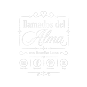 Puede incluir: Gráfico blanco con el texto "llamados del Alma con Rosalba Luna" e iconos de redes sociales para YouTube, Facebook, Pinterest y Etsy. El diseño incluye adornos decorativos y acentos de estrellas.
