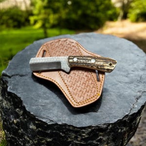 Handmade Rasp Steel Cowboy Knife: Stag Horn Handle, Leather Sheath