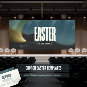 May include: A church stage with black chairs set up in front of a large screen displaying the word "EASTER" in white text with the words "AT YOUR CHURCH" below. The screen has a blue and green background with a white circle in the upper left corner. A flyer on the stage reads "YOU'RE INVITED" and "CHURCH EASTER TEMPLATES" with the text "Easter Slides & Lowerthird, Easter Invitation" below.