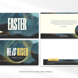 May include: A set of four Easter church slides with a blue and green blurred background. The first slide says "Easter" in white text with a yellow circle behind it. The second slide has a quote from Luke 24:5-6. The third slide says "He is Risen" in white text with a yellow circle behind it. The fourth slide has a quote from Luke 24:5-6.