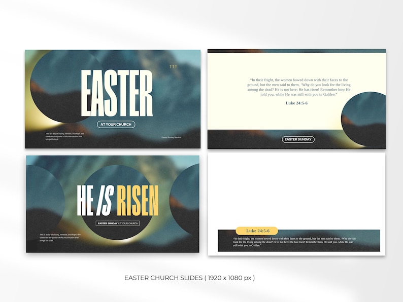 May include: A set of four Easter church slides with a blue and green blurred background. The first slide says "Easter" in white text with a yellow circle behind it. The second slide has a quote from Luke 24:5-6. The third slide says "He is Risen" in white text with a yellow circle behind it. The fourth slide has a quote from Luke 24:5-6.