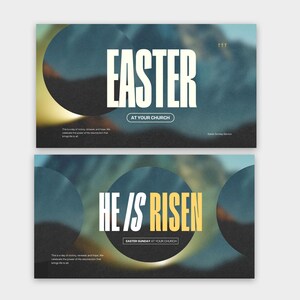 May include: Two posters with a blurred background of a blue and green landscape. The top poster says "Easter" in white text with a yellow button that says "At Your Church". The bottom poster says "He is Risen" in white and yellow text with a yellow button that says "Easter Sunday at Your Church".