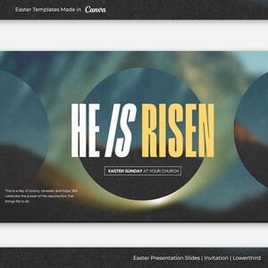 May include: A dark blue and yellow graphic with a blurred background. The text "HE IS RISEN" is in white and yellow letters. The text "EASTER SUNDAY AT YOUR CHURCH" is in white letters on a yellow background.