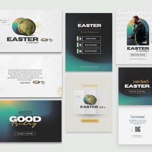 May include: A set of six colorful digital flyers for an Easter church service. The flyers feature a variety of designs, including a cross, a crown of thorns, and a sunrise. The text on the flyers includes the words "Easter", "Good Friday", "Holy Saturday", and "Easter Sunday".