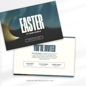 May include: A white card with blue text inviting you to Easter services at a church. The card includes the dates for Good Friday, Holy Saturday, and Easter Sunday. The text reads "You're Invited" and "Join us this Easter to celebrate the resurrection of Christ with inspiring worship, fellowship, and a message of hope. Bring your loved ones as we come together in faith and renewal. We look forward to celebrating with you."