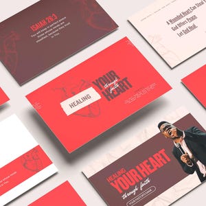 Puede incluir: Una colección de tarjetas rojas, blancas y marrones con textos sobre la curación y la fe. Una tarjeta dice "Isaías 26:3". Otra tarjeta dice "Sanando tu corazón a través de la fe". Una foto de un hombre hablando está en una tarjeta.