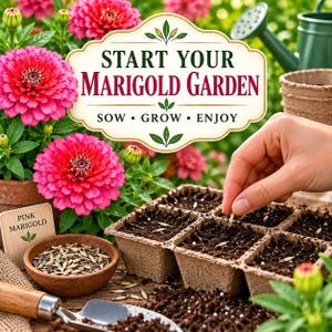 Pink marigold seeds being started in moist well-draining seed starting mix