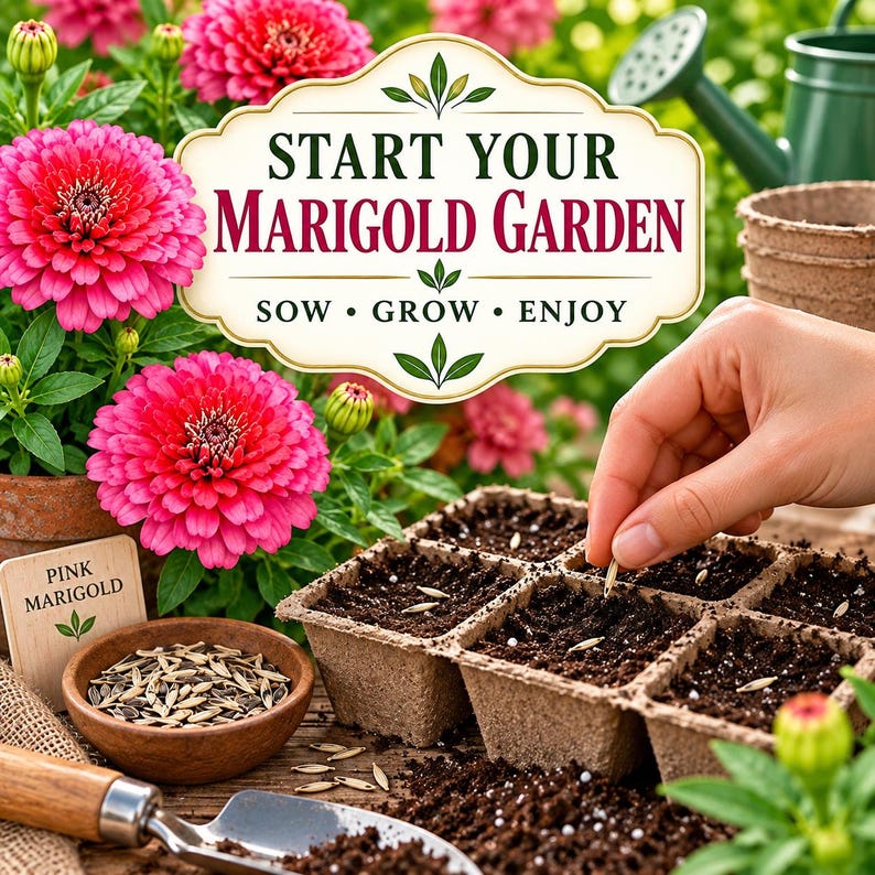 Pink marigold seeds being started in moist well-draining seed starting mix