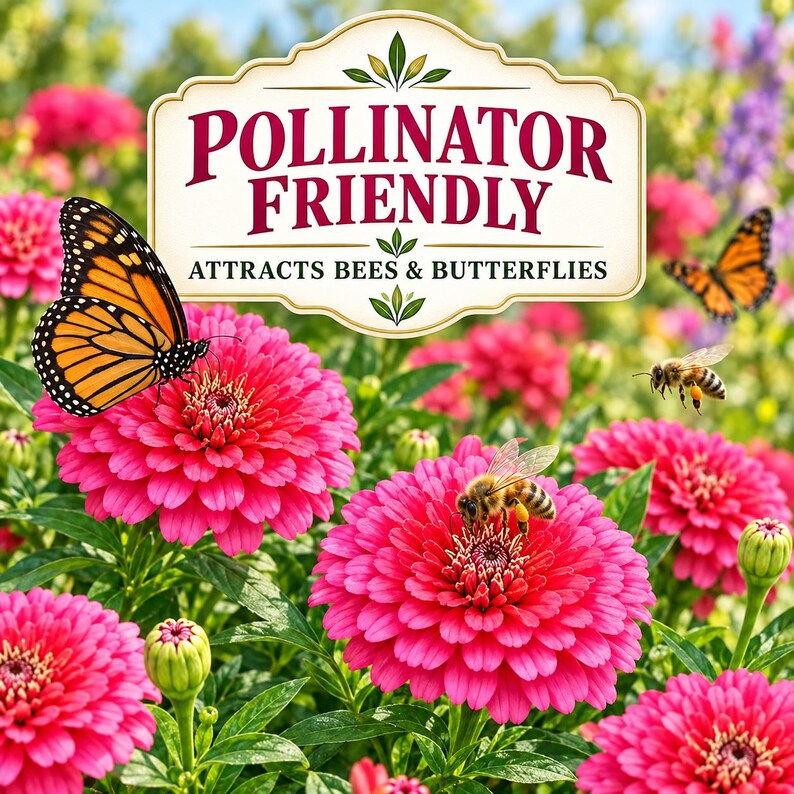 Pink marigold flowers attracting butterflies and beneficial pollinators to the garden