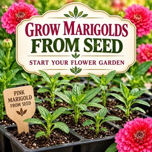 Young pink marigold seedlings growing in seed starting pots ready for transplanting