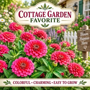 Pink Tagetes hybrid marigolds growing in a colorful cottage-style flower garden
