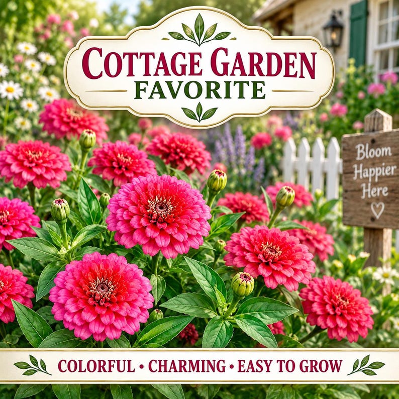 Pink Tagetes hybrid marigolds growing in a colorful cottage-style flower garden