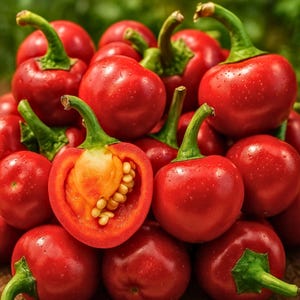 May include: A collection of bright red cherry peppers with green stems, featuring one pepper sliced in half to reveal the light yellow interior flesh and small seeds. The peppers have smooth, round skins with visible water droplets on the surface.