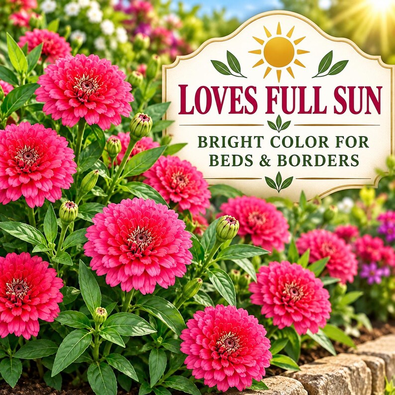 Sun-loving pink marigold plants producing pastel flowers in a bright garden bed