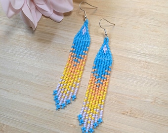 lake sunrise fringe earrings, authentic Indigenous handmade hypoallergenic beaded earrings