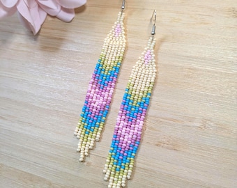 long candy coloured fringe earrings, authentic Indigenous handmade hypoallergenic beaded earrings
