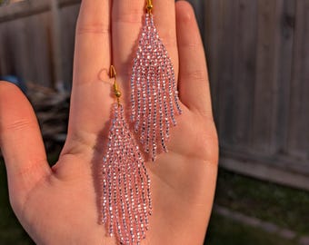 sparkly pink fringe earrings, authentic Indigenous handmade hypoallergenic beaded earrings