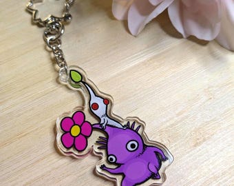 hand drawn white and purple pikmin buddies acrylic keychain, charm for bag or keys
