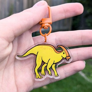 yellow parasaurolophus walkeri acrylic keychain, cute vibrant dinosaur charm for bag or keys, unique dino lover gift