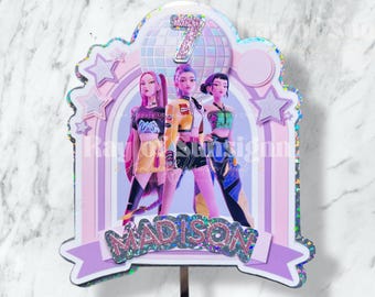 Personalized Kpop Birthday Cake Topper | Pink Disco Theme, Age 5 Name Decoration