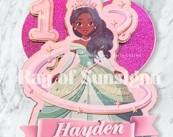 Hot Pink Glitter Princess Cake Topper, Black Fairy Birthday, Custom Name Age Decoration