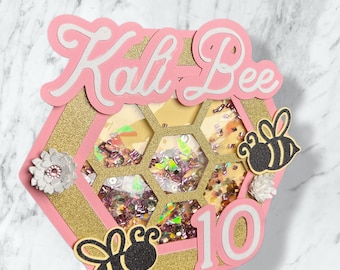 Custom Bee Cake Topper | Pink & Gold Honeycomb, Glitter Birthday Decoration
