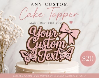 Custom Layered Cardstock Cake Topper | Pink Bow Butterfly Birthday Decoration
