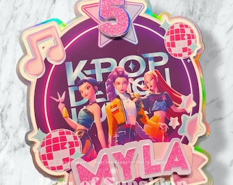 Personalized Kpop Birthday Cake Topper | Pink Disco Theme, Age 5 Name Decoration