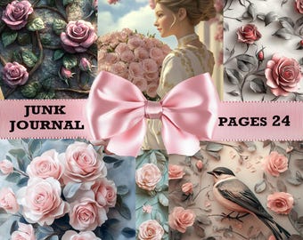 Junk Journal Pages,Pink Roses Digital Printable Journal Pages, Pink Flowers Cards, Gift for her Gift for Girl Digital Download